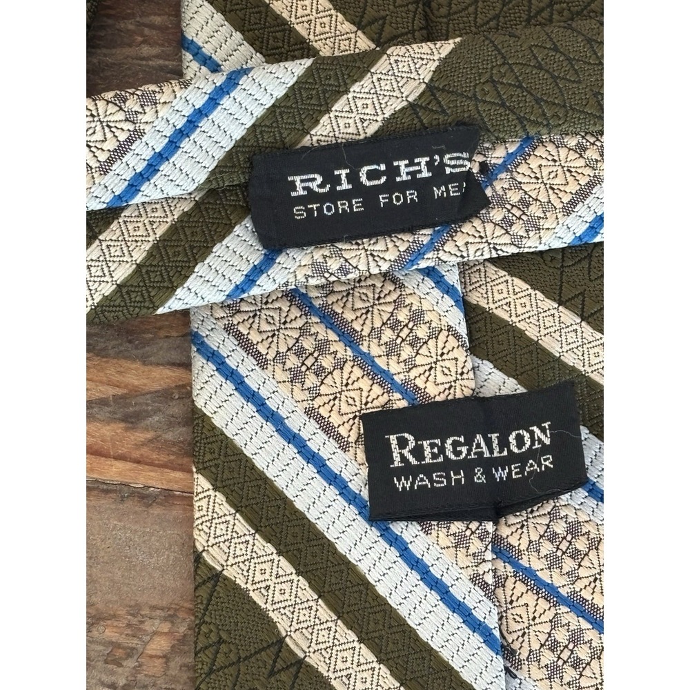 Vintage Regalon Wash And Wear Wide Necktie Olive Green Stripe - Picture 2 of 6